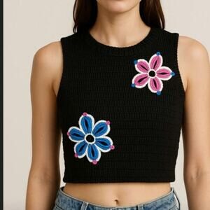 Industry Black Knit Crop Tank Colorful Crochet Flower Appliqué Y2K Top Sz Large